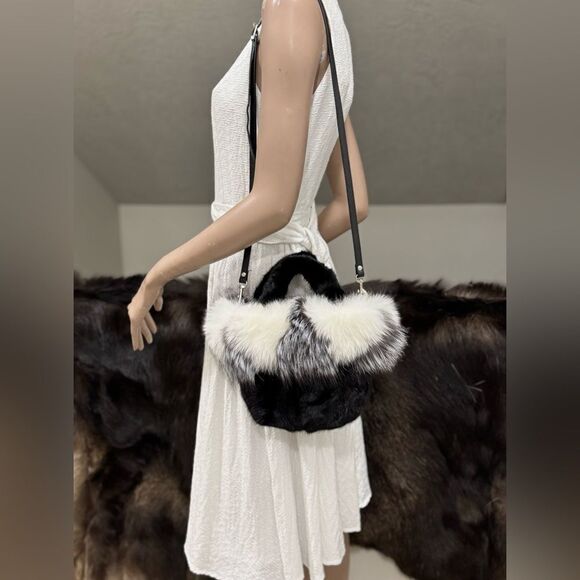 Black & White, Real Mink Fur with Fox Fur Trimming Top Handle & Multi Use Purse - Picture 9 of 16